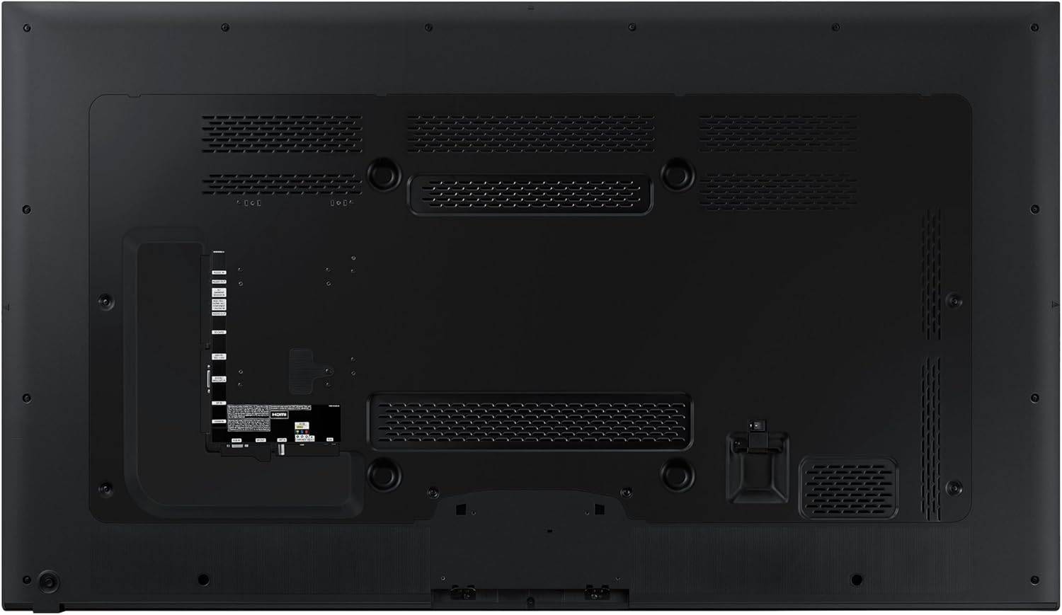 Retro del monitor Samsung DM65E 65 pollici FullHD con sistema di ventilazione e supporto per montaggio a parete, ideale per digital signage. Retro del monitor Samsung DM65E 65 pollici FullHD con sistema di ventilazione e supporto per montaggio a parete, ideale per digital signage.